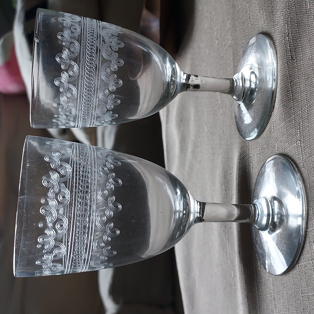 Crystal wine glasses etched scroll art deco art nouveau mcm retro - Picture 1 of 14